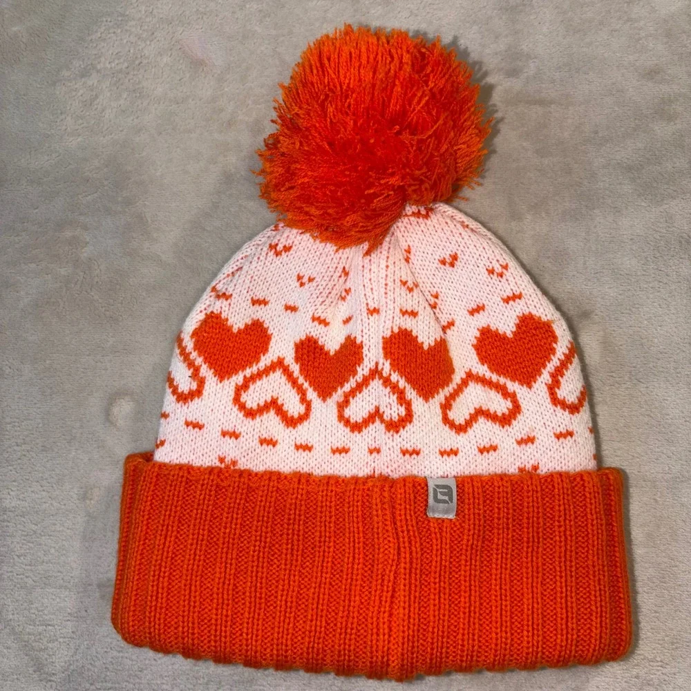 Logofit Campbell University Beanie Orange White Heart Pom Pom Knit Hat OSFM